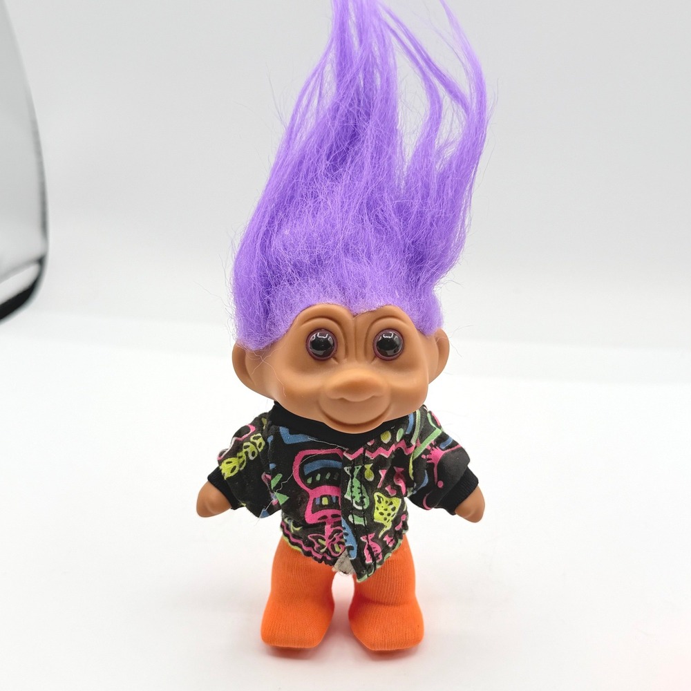 TNT Troll Doll Kids 5in Purple Hair 1991 Vintage Neon Jacket Good Retro Toy